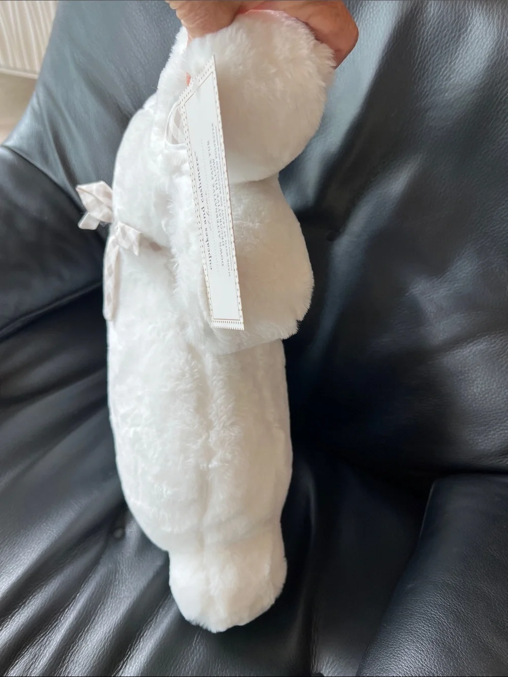 NWT! cupcakes & cashmere White Plush Bunny Pillow with gray white gingham Ribbon